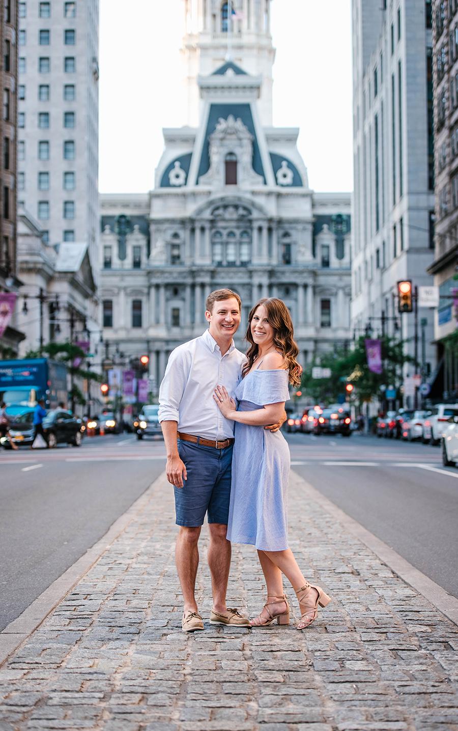 couple embrace in front of Philadelphia City Hall by Nicole Cordisco Photography and Philly In Love
