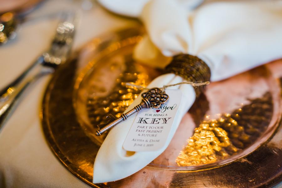 place setting with copper charger and key napkin rings
