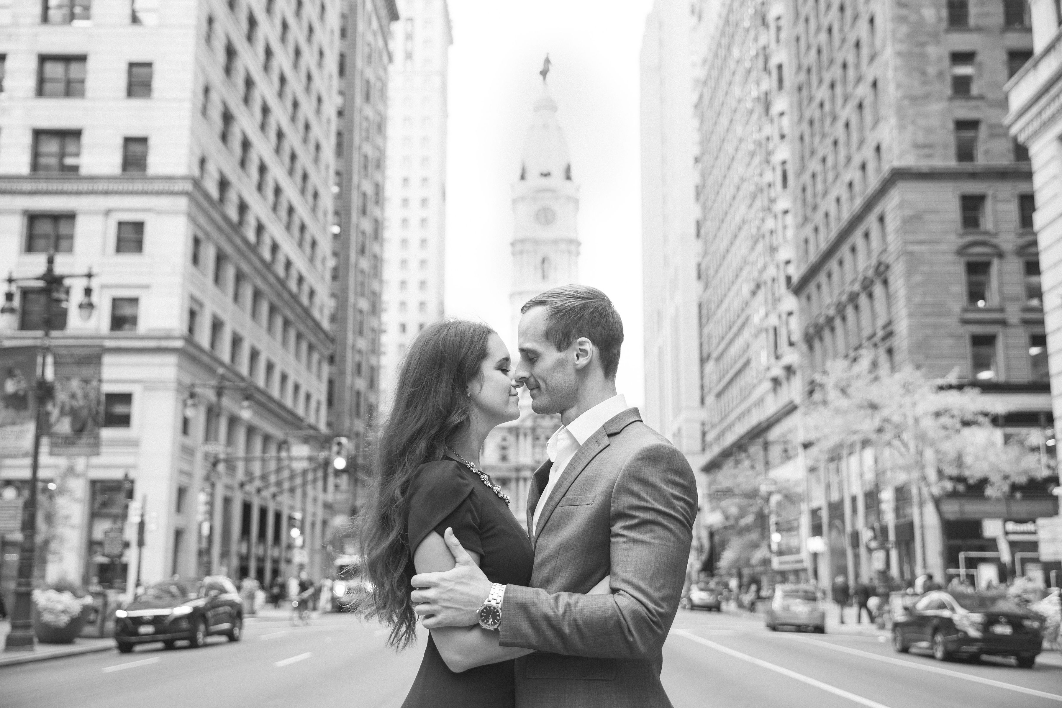 couple embracing in city