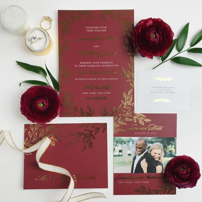 burgundy and gold invitation suite