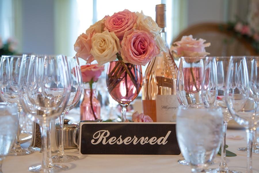 floral centerpiece and glassware