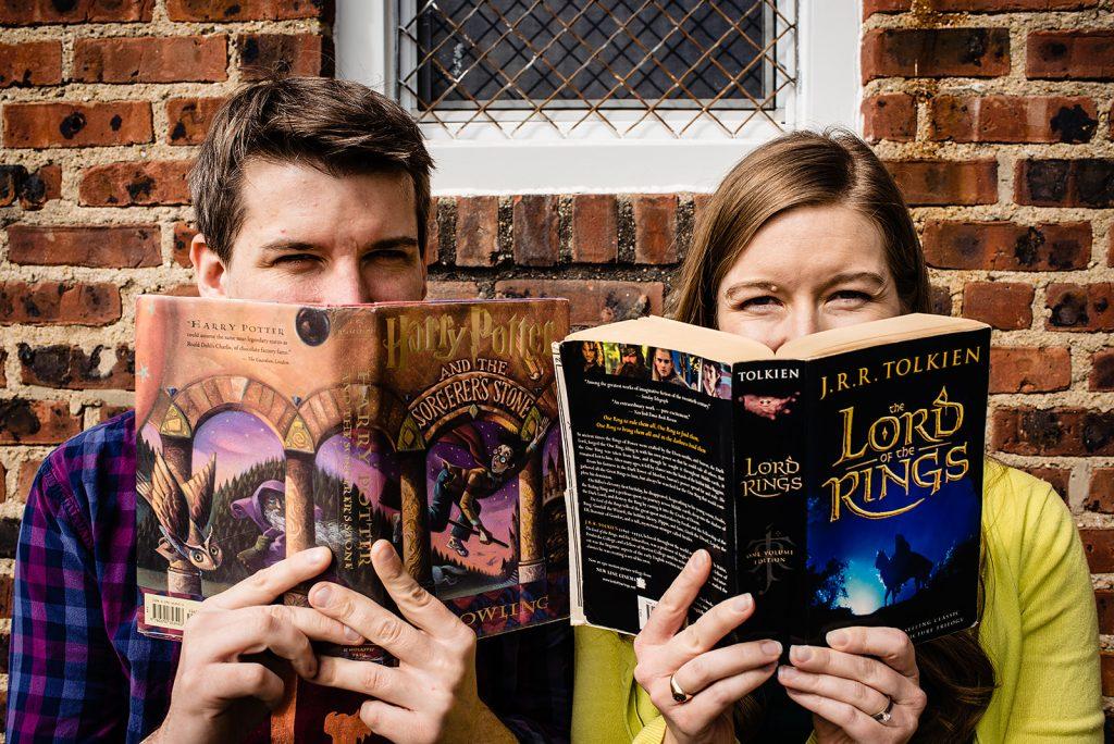 engaged couple read harry potter books