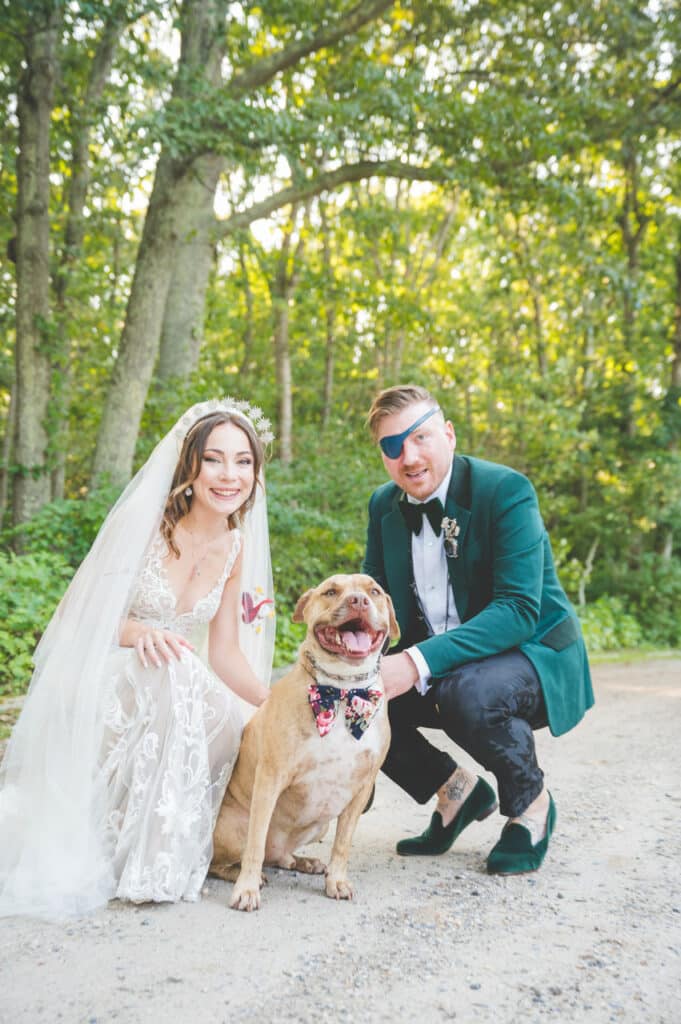 wedding couple posing with pitbull dog in philadelphia, beaumonde originals